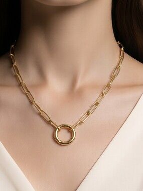 18K Gold Paperclip Chain Necklace Charm Holder Stainless Steel Waterproof Layer